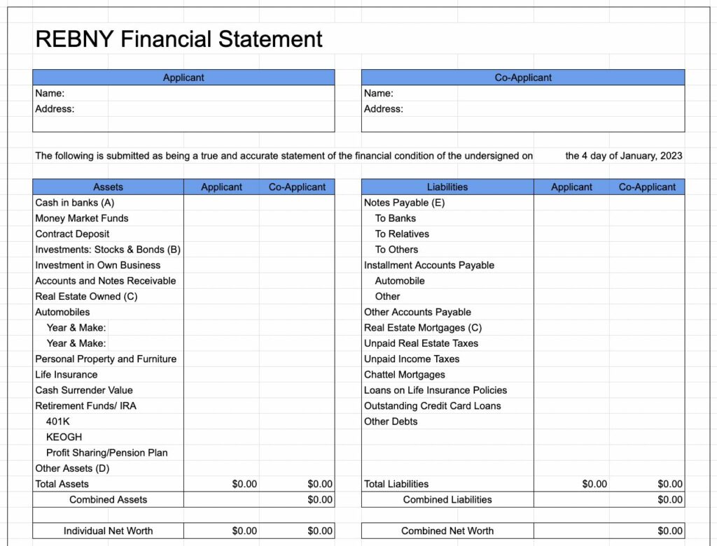 REBNY Financial Statement Template & Instructions (2023)